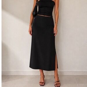 Studio G Black Ribbed Knit Midi Skirt Side Slits Rayon Nylon Size L‎ k3